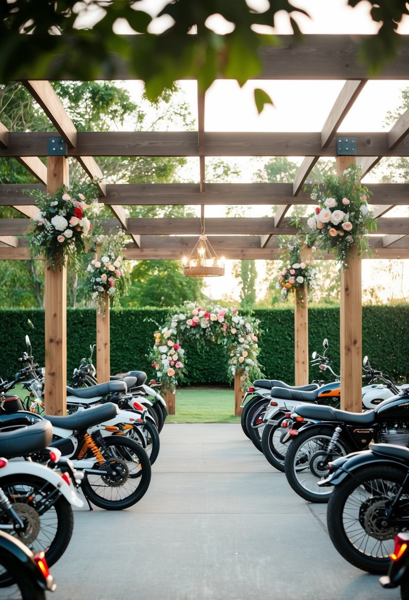 An outdoor venue with bike parking, adorned with floral and bike-themed decorations for a biker wedding celebration