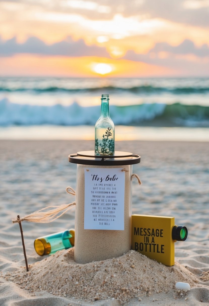 A beach wedding scene with a message in a bottle station, surrounded by sand, waves, and a sunset