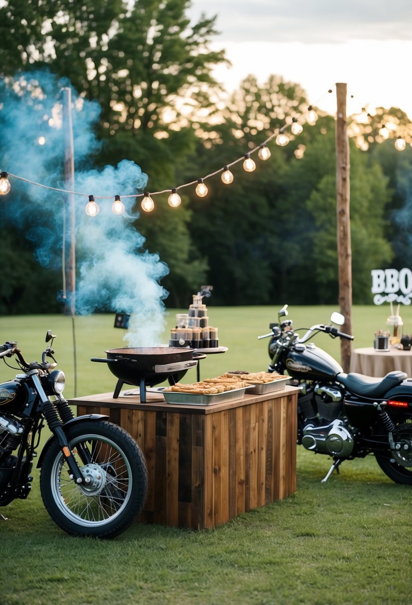 A rustic outdoor wedding reception with a smoky BBQ catering setup, surrounded by motorcycles and biker-themed decor