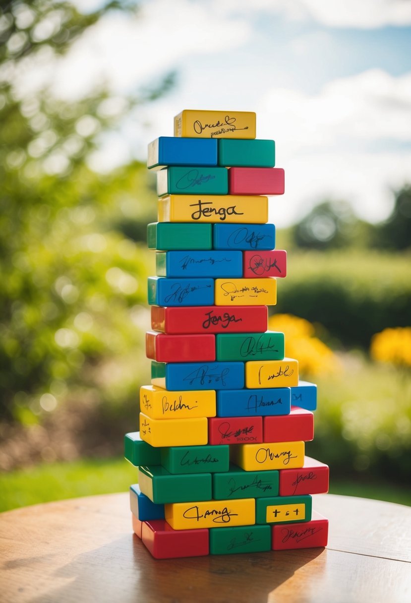 A tower of Jenga blocks with signatures, used as a wedding guest book alternative