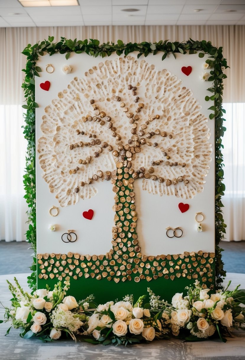 A large canvas with a tree made of thumbprints, surrounded by wedding-themed elements like rings, hearts, and flowers