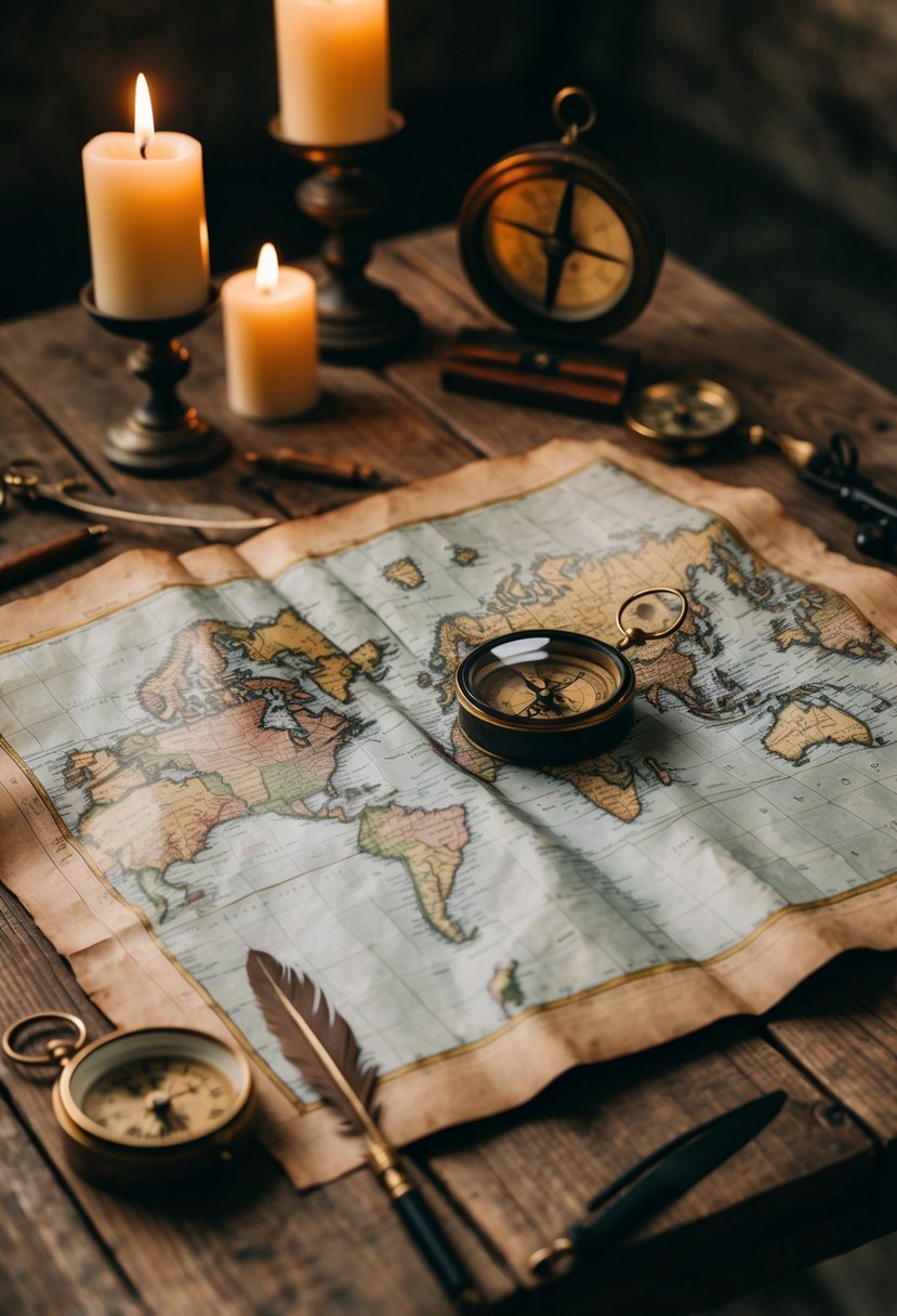 A weathered map unfurled on a rustic wooden table, surrounded by antique compasses, quill pens, and candlelight