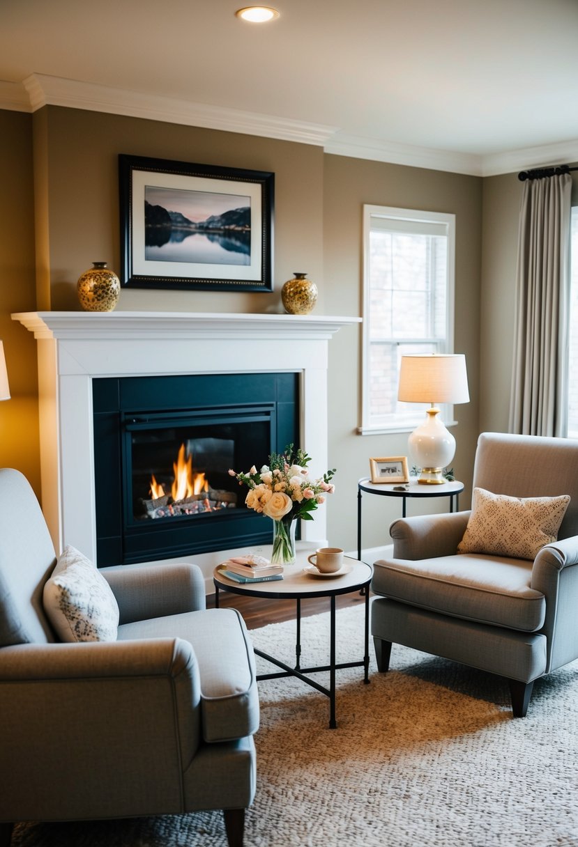 A cozy living room with a fireplace, two armchairs, and a small table set for two with a vase of flowers