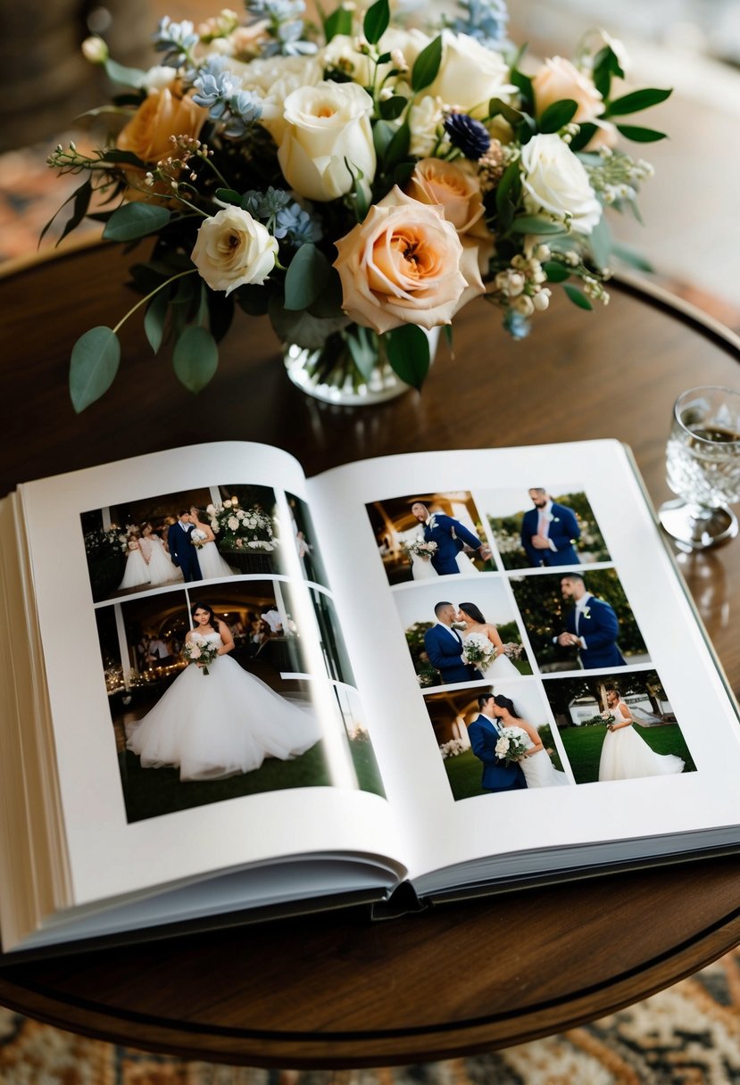 A classic coffee table photo book open to a spread of elegant wedding images, with soft lighting and floral accents