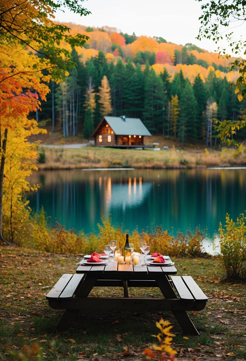 A cozy cabin nestled in a forest clearing, surrounded by colorful autumn foliage and a tranquil lake, with a picnic table set for a romantic anniversary meal