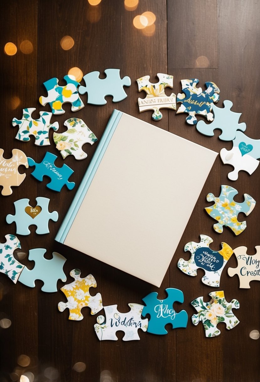 A table scattered with puzzle pieces, each featuring unique wedding-themed designs, arranged around a blank book ready for creative ideas