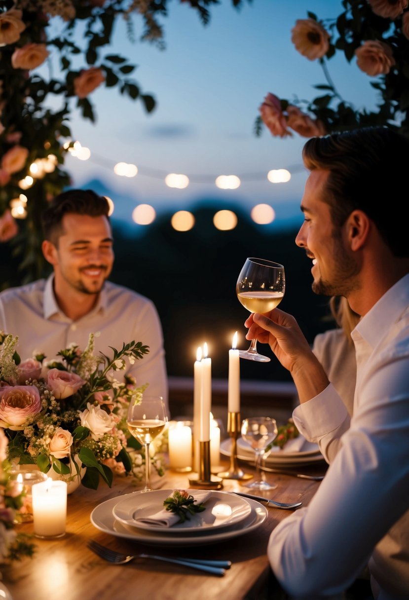 A couple dining at a candlelit table, surrounded by flowers and soft music playing in the background