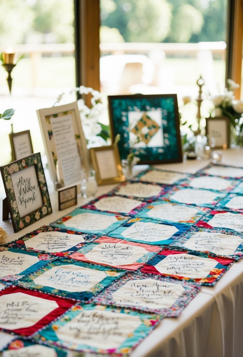 A table scattered with quilt squares, each signed with well-wishes and messages, surrounded by wedding memorabilia and decor