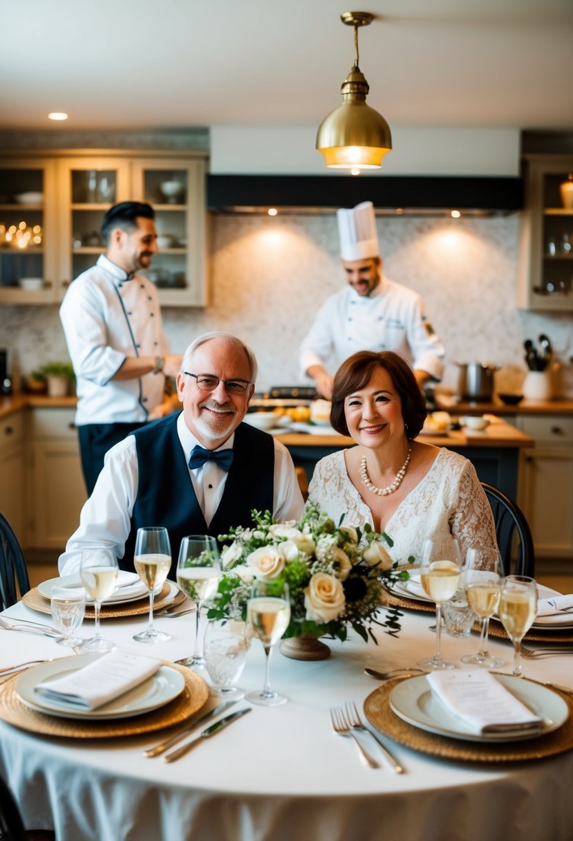 A cozy dining room with a beautifully set table, a chef cooking in the background, and a happy couple celebrating their 62nd wedding anniversary