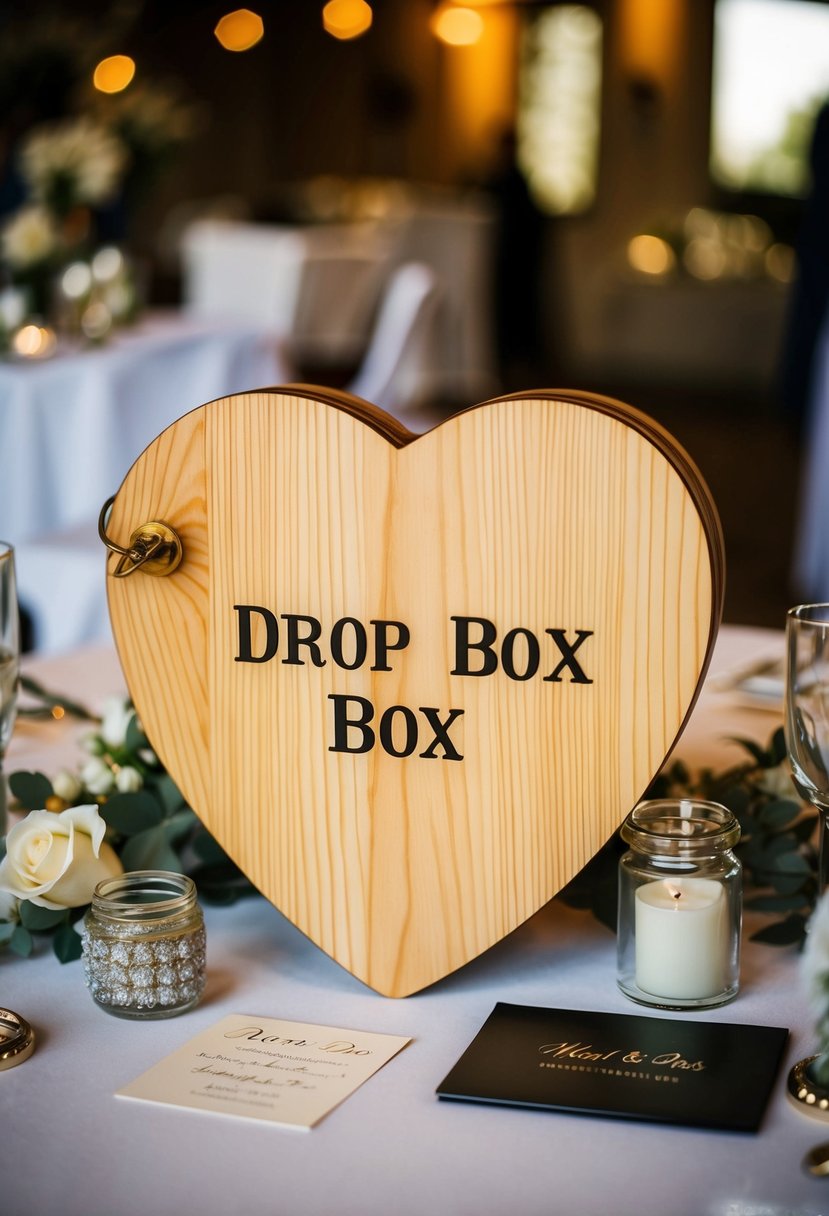 A wooden heart-shaped drop box sits on a table surrounded by wedding memorabilia and decor