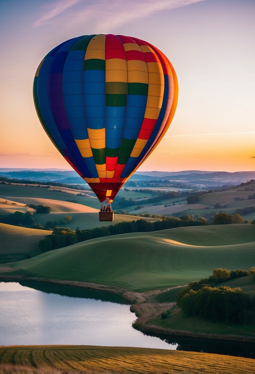 A colorful hot air balloon floats over a picturesque landscape of rolling hills and a serene lake, with the sun setting in the distance