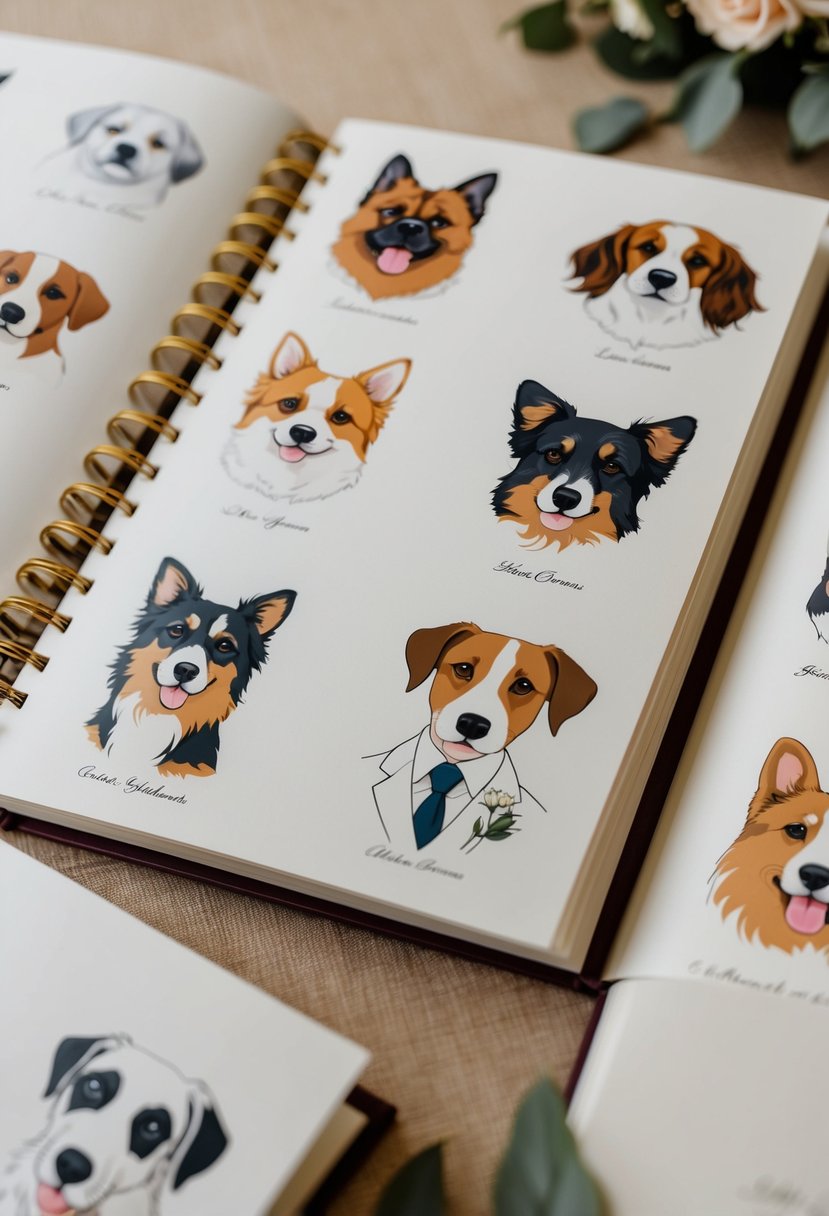 A collection of illustrated pet portraits fill the pages of a wedding guest book, capturing the beloved animals of the bride and groom