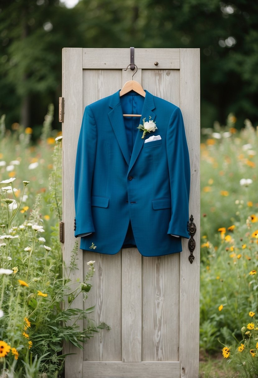 A groom's suit hanging on a rustic wooden door, surrounded by wildflowers and greenery