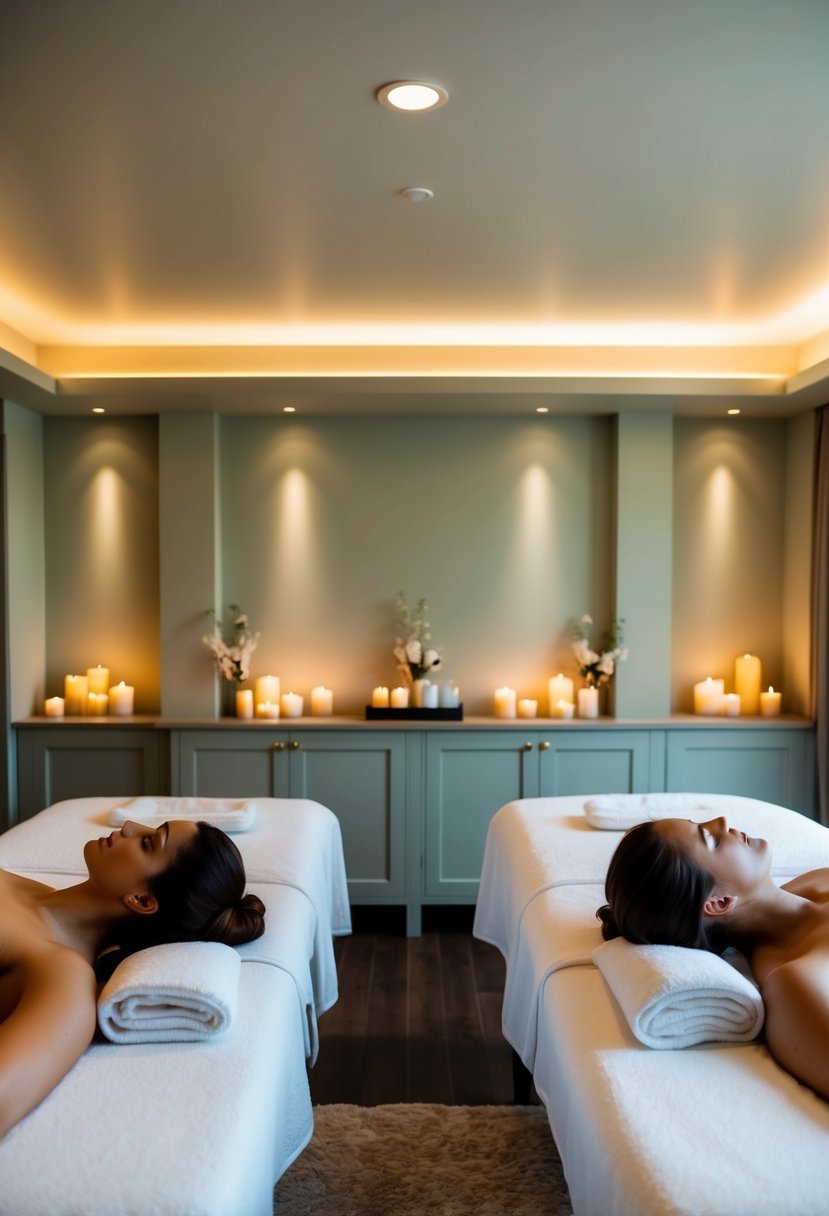 A tranquil spa room with two massage tables, soft lighting, and a soothing ambiance. A couple enjoys side-by-side massages surrounded by candles and relaxing music