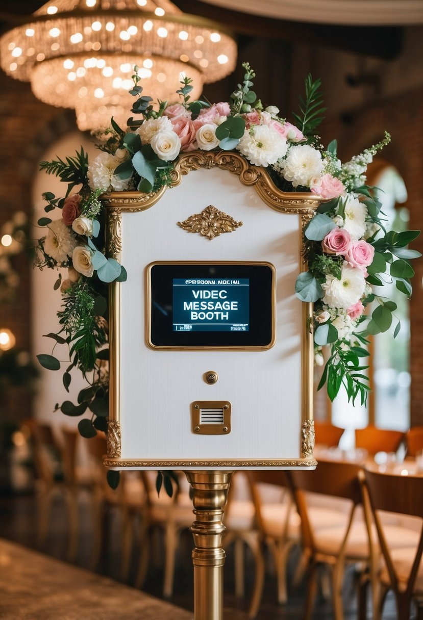 A decorative wedding-themed video message booth with floral accents and a vintage feel