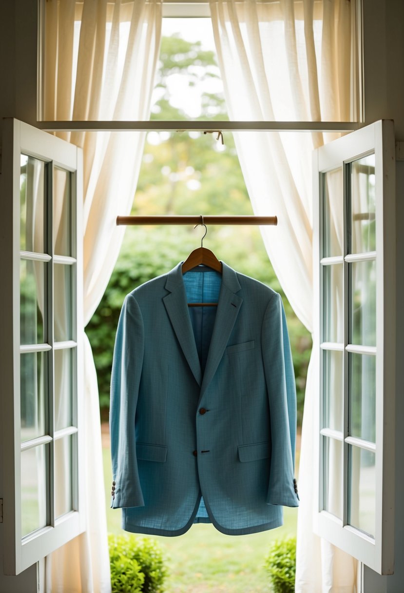 A linen suit hanging on a wooden hanger in front of an open window with billowing white curtains, surrounded by greenery