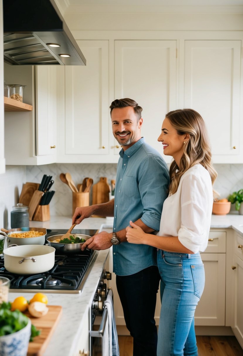 A cozy kitchen with ingredients, utensils, and a stovetop. A couple stands side by side, preparing a meal together with smiles on their faces