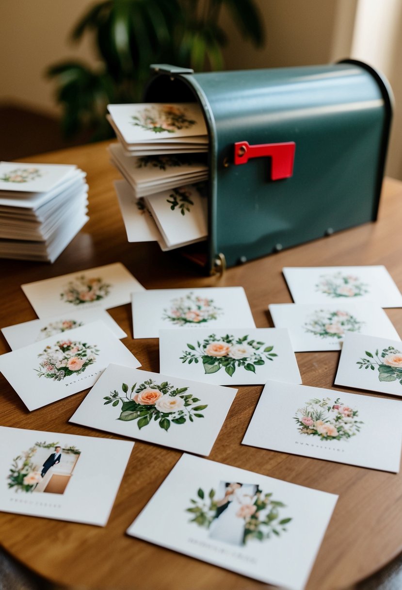 A collection of postcards arranged on a table, with wedding-themed illustrations and designs. A vintage mailbox sits in the background, filled with more postcards