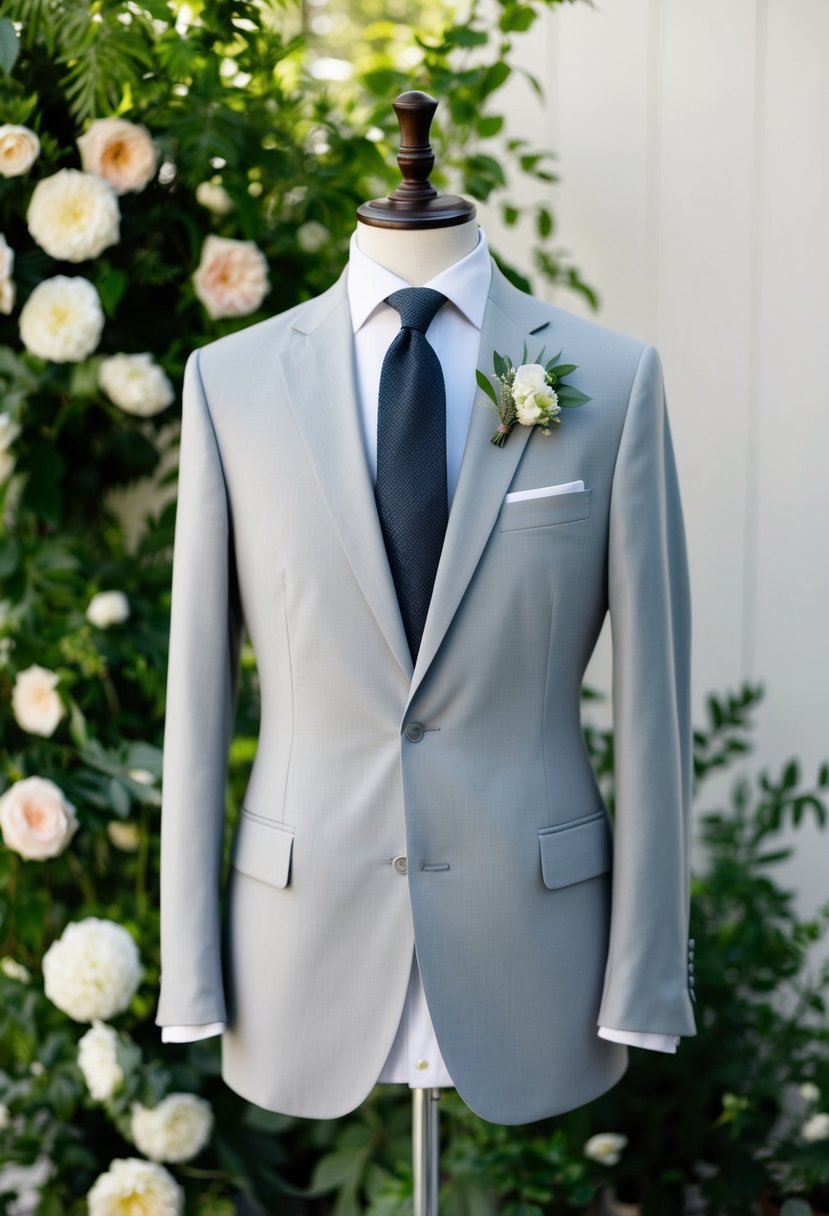 A light grey cotton suit displayed on a mannequin against a backdrop of greenery and flowers, evoking classic elegance for a summer wedding