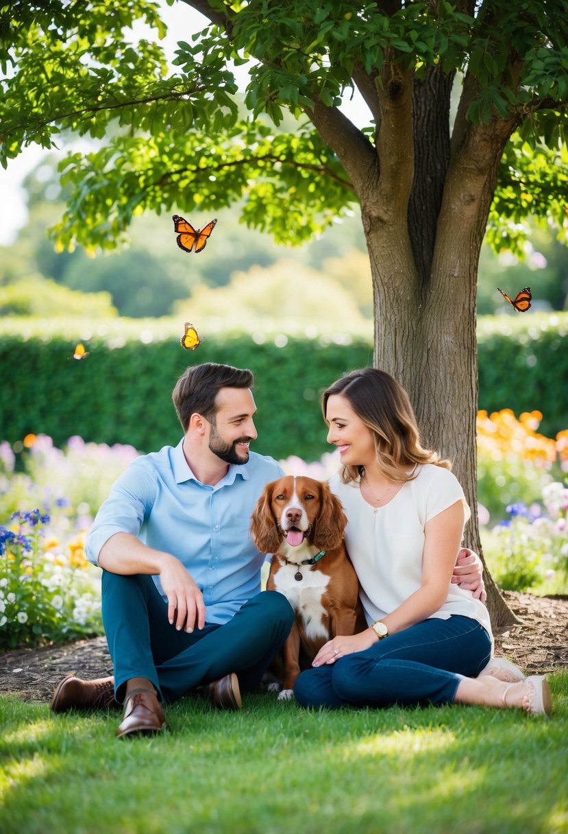 A couple and a dog sitting together under a tree, surrounded by a garden filled with flowers and butterflies