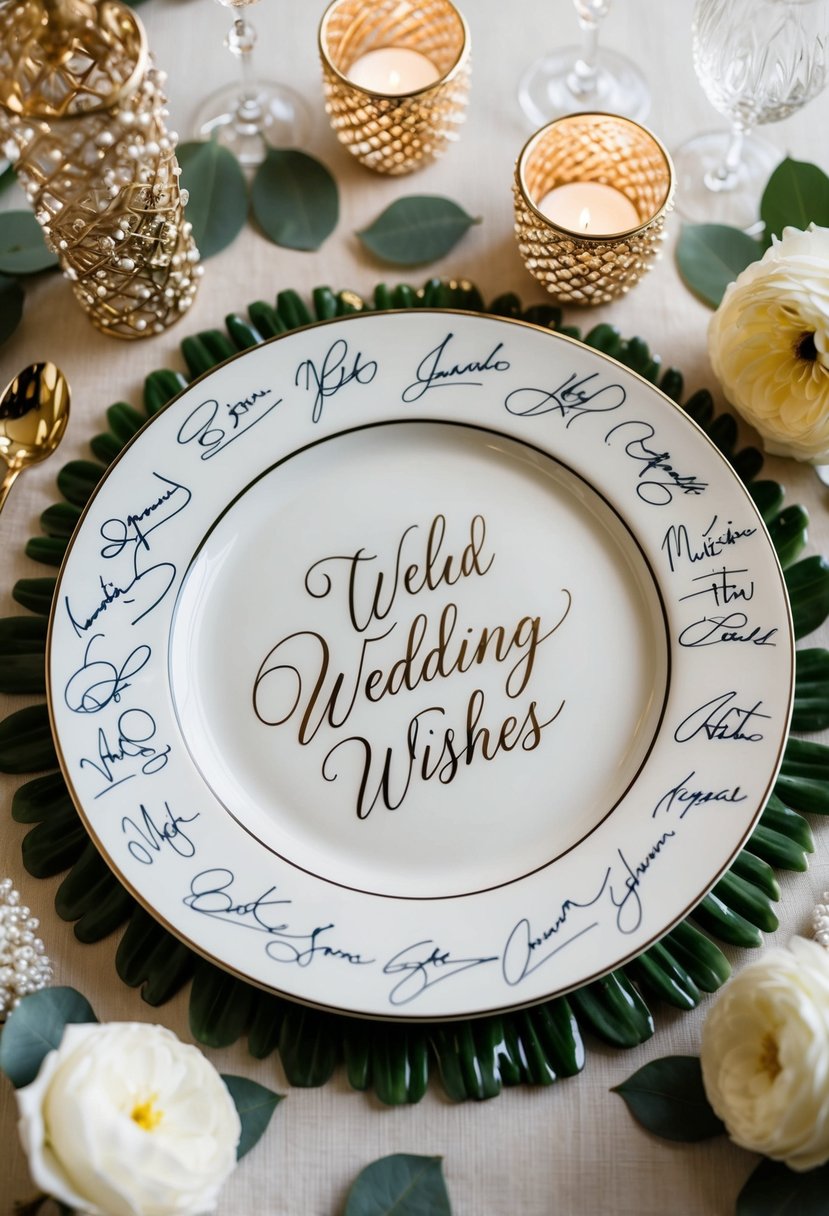 A ceramic plate adorned with signatures and well wishes, surrounded by elegant wedding decor