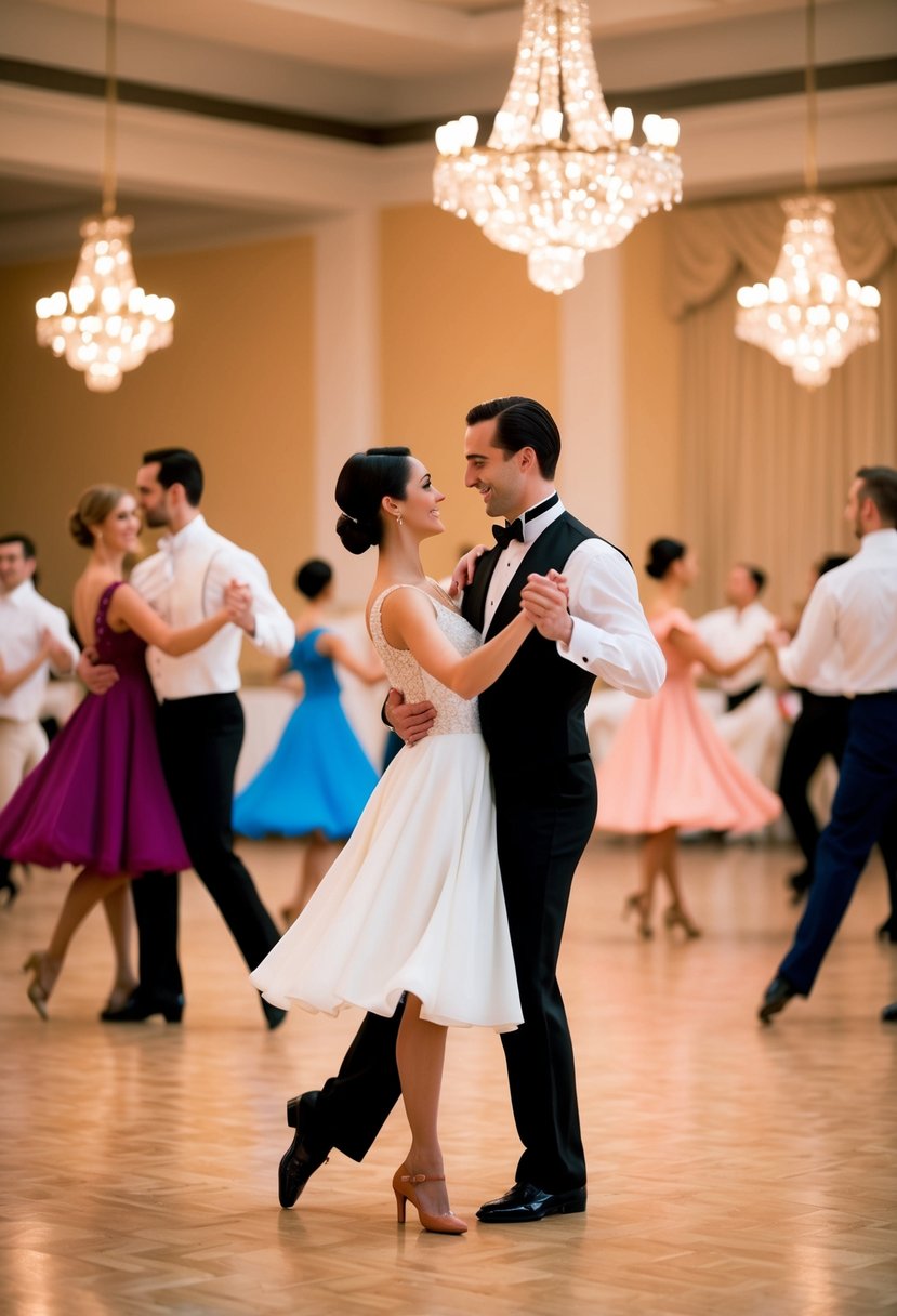 A couple gracefully waltzing in a beautifully decorated ballroom, surrounded by other couples in a dance class