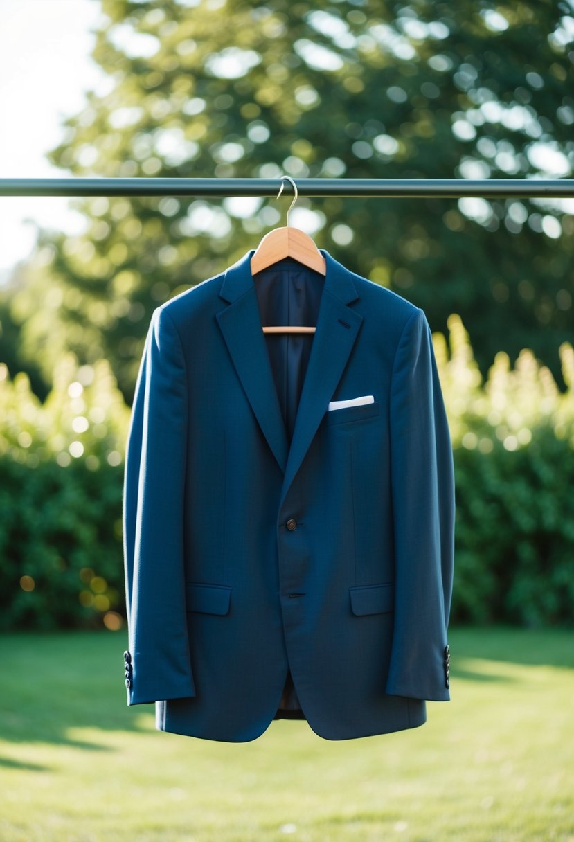 A navy blue cotton-linen blend suit hanging on a wooden hanger against a backdrop of greenery and sunlight