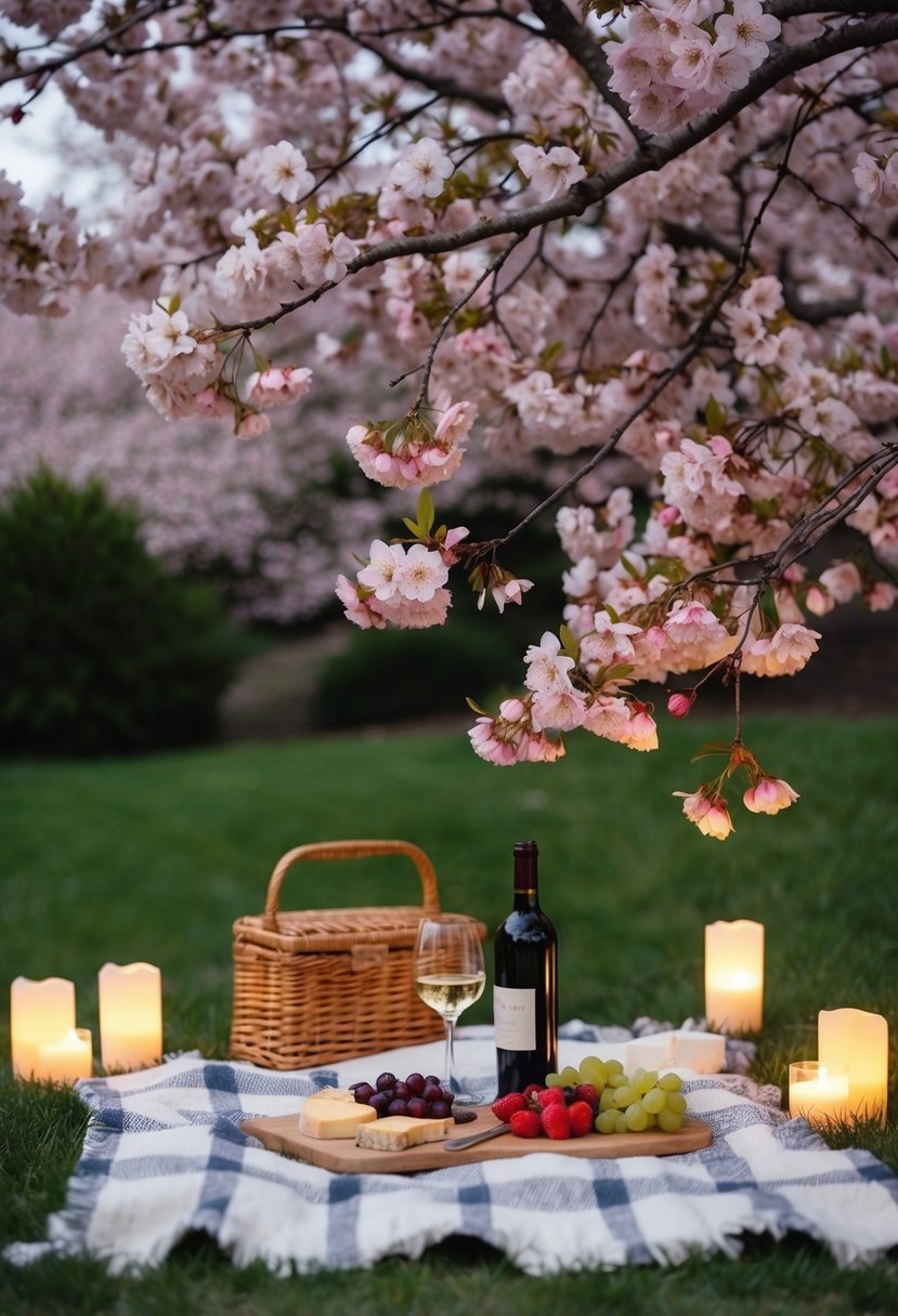 A cozy picnic blanket laid out under a blooming cherry blossom tree, with a spread of wine, cheese, and fresh fruit, surrounded by flickering candlelight