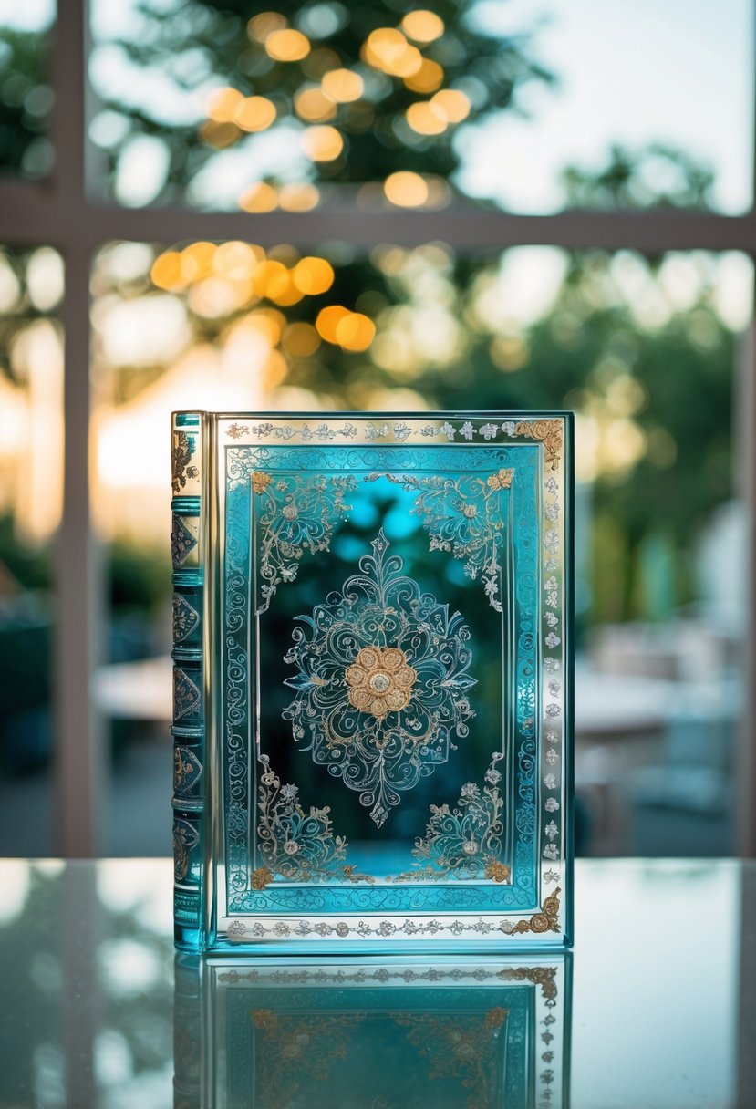 A glass art canvas featuring intricate wedding book designs, with delicate patterns and elegant motifs in vibrant colors