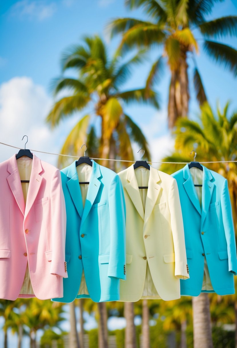 A group of pastel colored tropical wool suits hanging on a line, with a backdrop of lush green palm trees and a bright blue sky