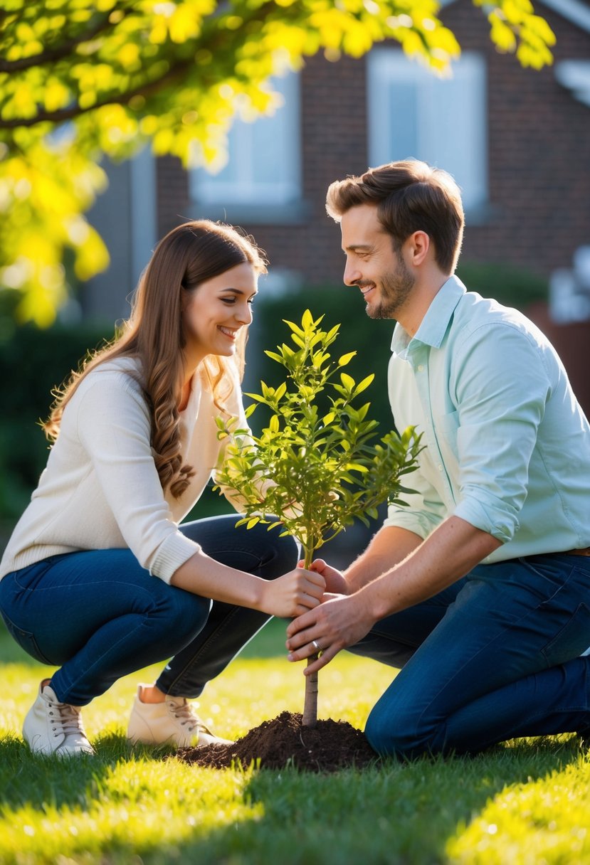 A couple planting a tree together in a sunny garden