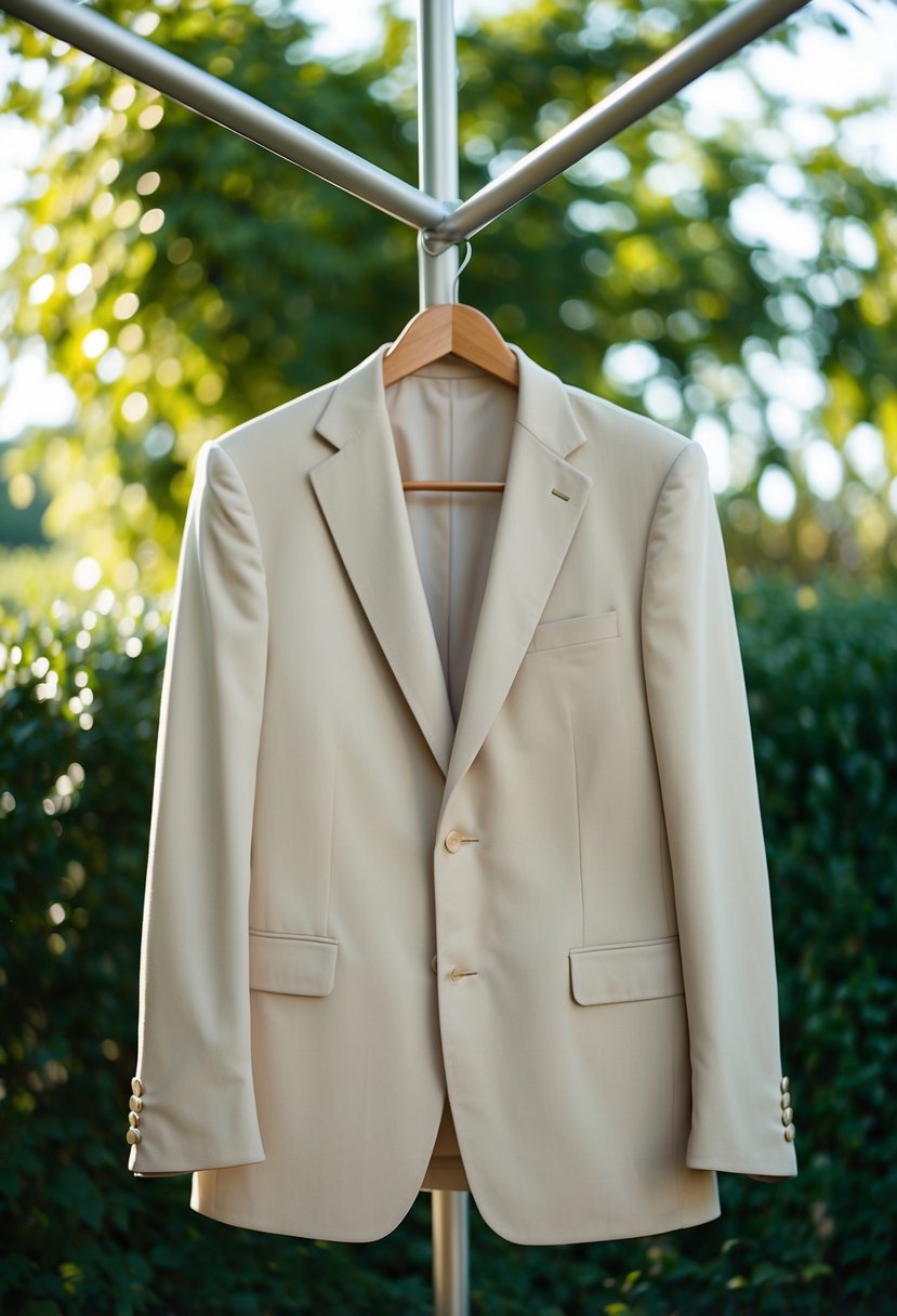 A classic beige suit on a hanger, surrounded by soft sunlight and a backdrop of greenery