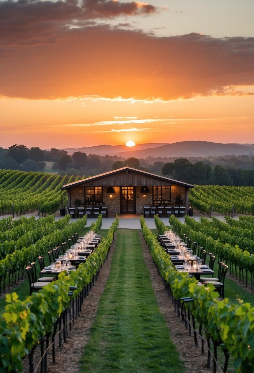 Sunset over rolling vineyard, with rows of grapevines leading to a rustic tasting room. Tables set with wine glasses and bottles, surrounded by lush greenery