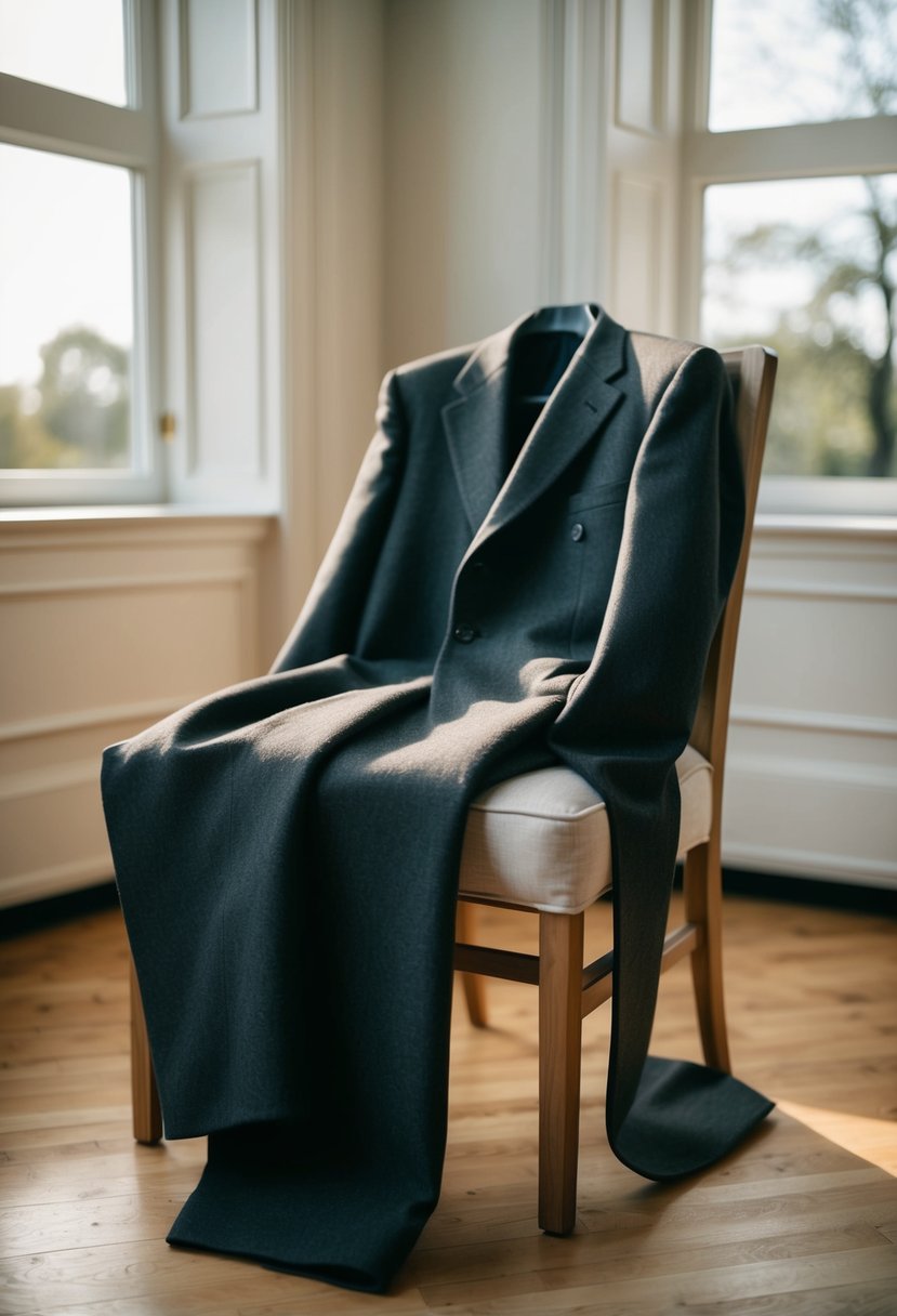 A charcoal lightweight wool suit draped over a chair in a sunlit room