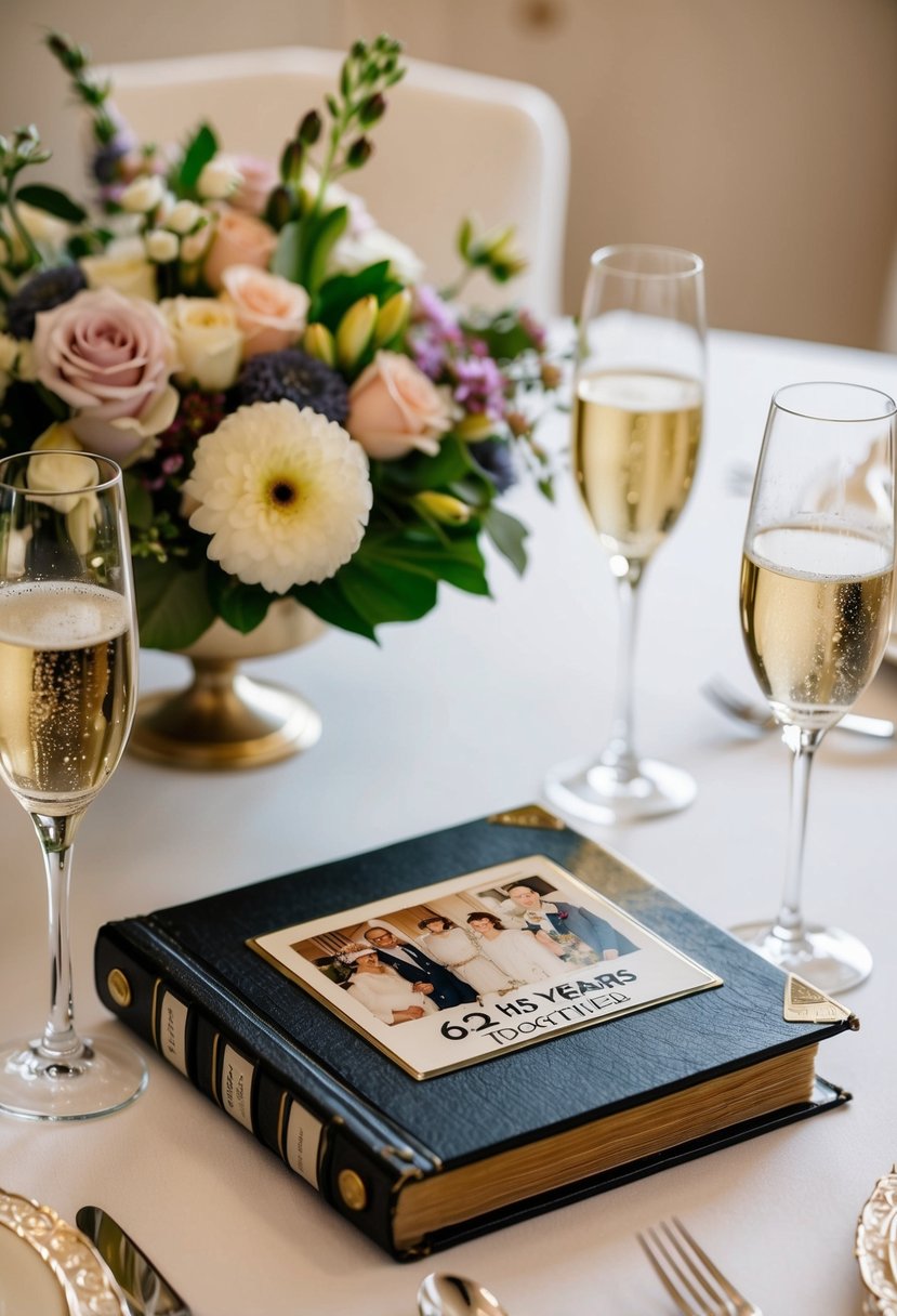 A beautifully decorated table with a floral centerpiece, two champagne glasses, and a vintage photo album filled with memories of 62 years together