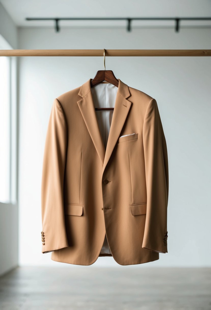 A soft tan suit hanging on a wooden hanger against a backdrop of a simple, modern, and airy setting