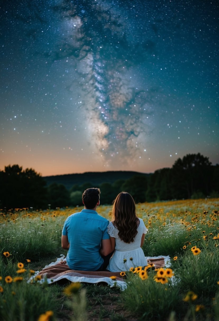 A couple sits on a blanket surrounded by a field of wildflowers, looking up at the night sky filled with twinkling stars