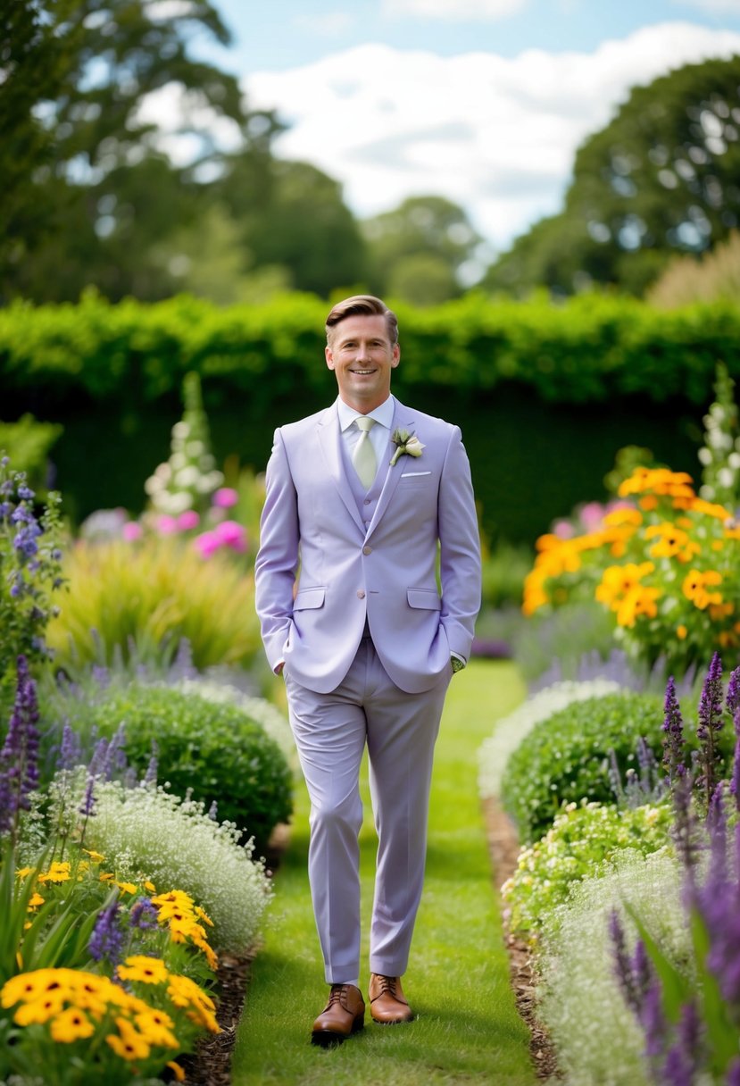 A groom in a light lavender suit stands in a garden at a summer wedding, surrounded by vibrant flowers and greenery