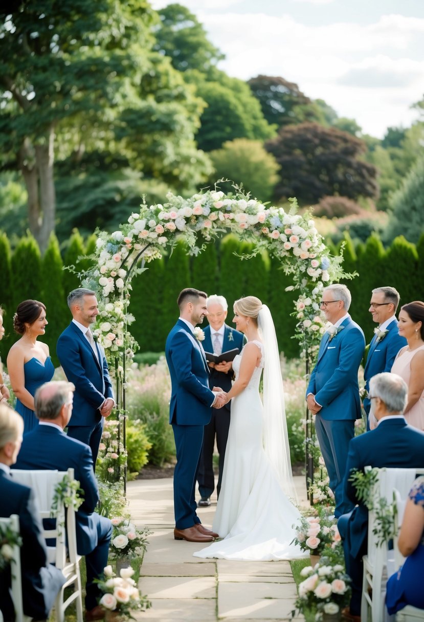 A serene garden with a flower-covered arch, surrounded by family and friends, as a couple renews their wedding vows