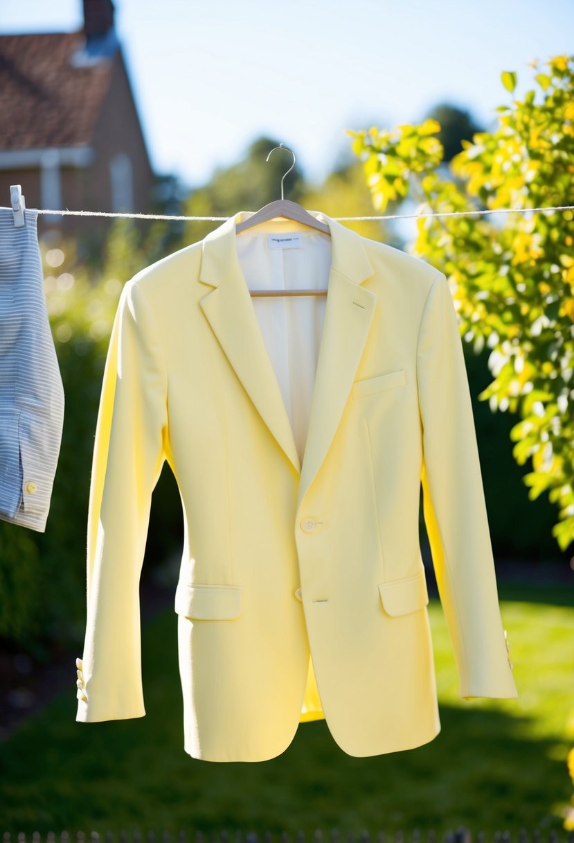 A pale yellow suit hanging on a clothesline in a bright, sunlit garden