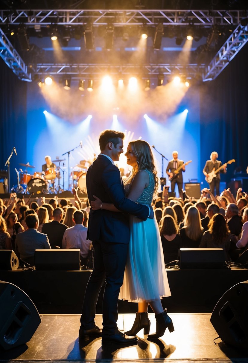 A couple sways in front of a stage, surrounded by a lively crowd, as musicians perform on a well-lit concert stage