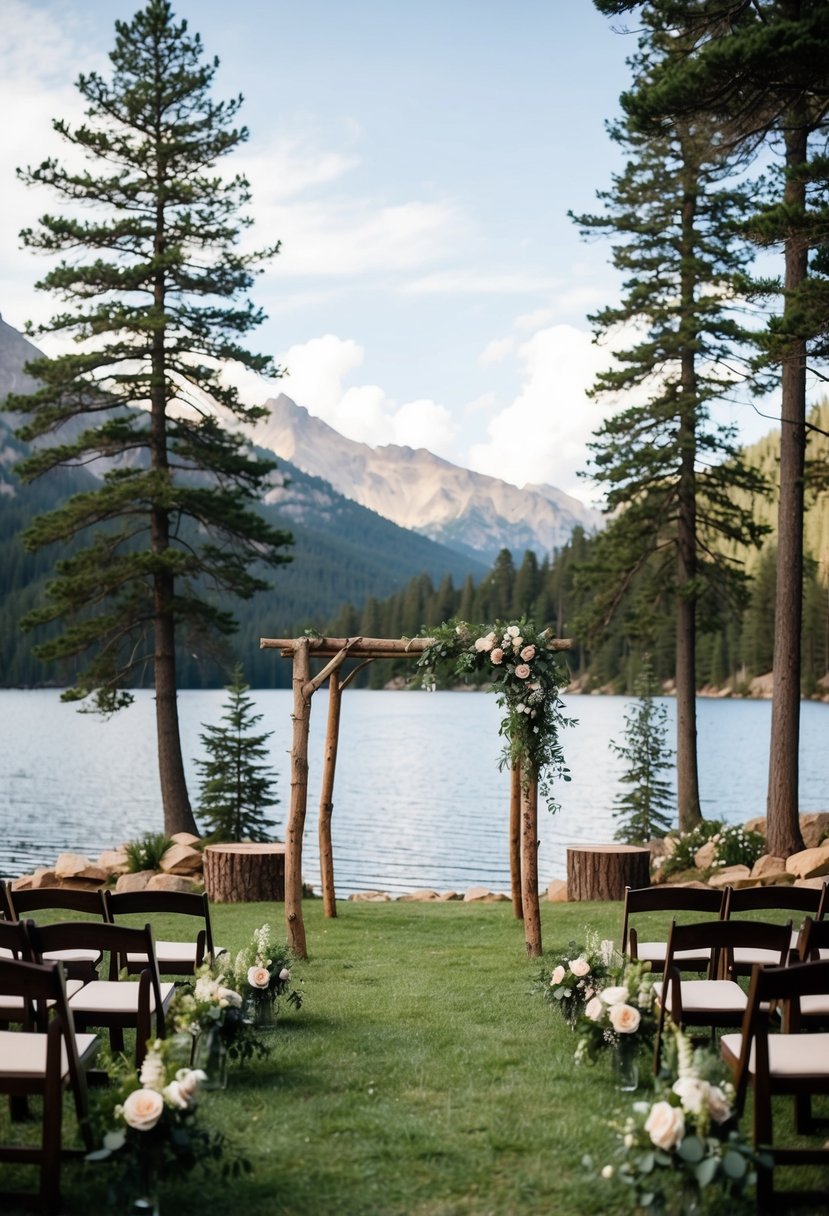 A serene mountain lake surrounded by pine trees, with a rustic wooden arch adorned with flowers and greenery, set up for a wedding ceremony