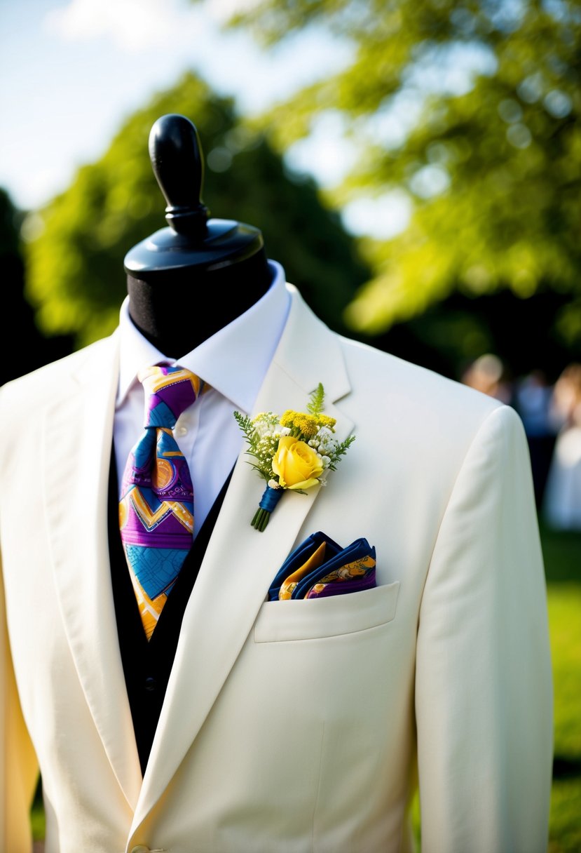 A cream suit with colorful pocket squares, set against a backdrop of a sunny outdoor wedding