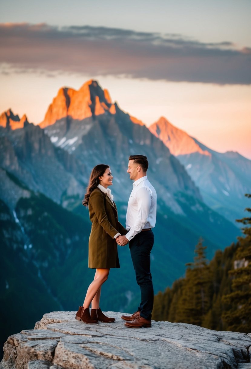 A couple stands on a rocky ledge, facing each other with a majestic mountain range in the background. The sun sets behind the peaks, casting a warm glow over the scene