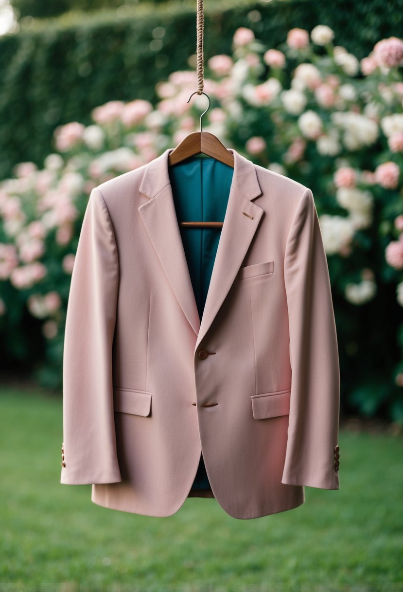 A dusty pink suit hanging on a wooden hanger against a backdrop of blooming flowers and greenery