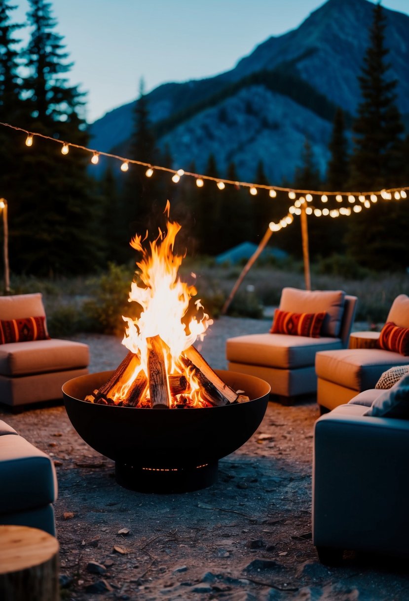 A warm campfire glows in a mountain clearing, surrounded by cozy seating and twinkling lights for a romantic wedding reception