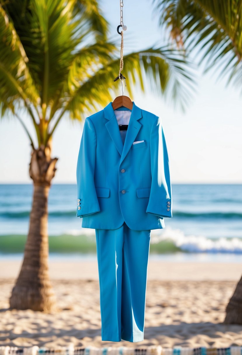 A baby blue suit hangs on a hanger against a backdrop of a sunny beach with palm trees and gentle waves