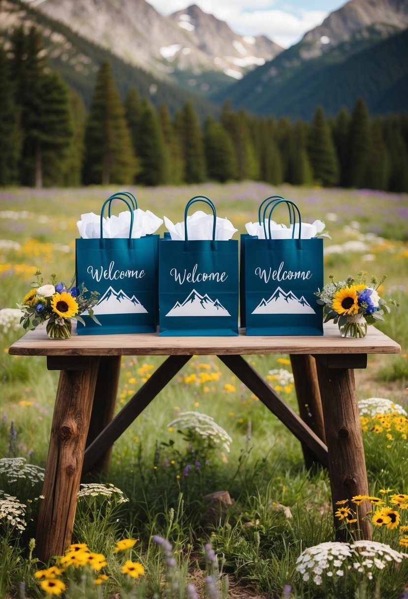 A rustic wooden table adorned with personalized welcome bags, surrounded by mountain-themed decor and wildflowers