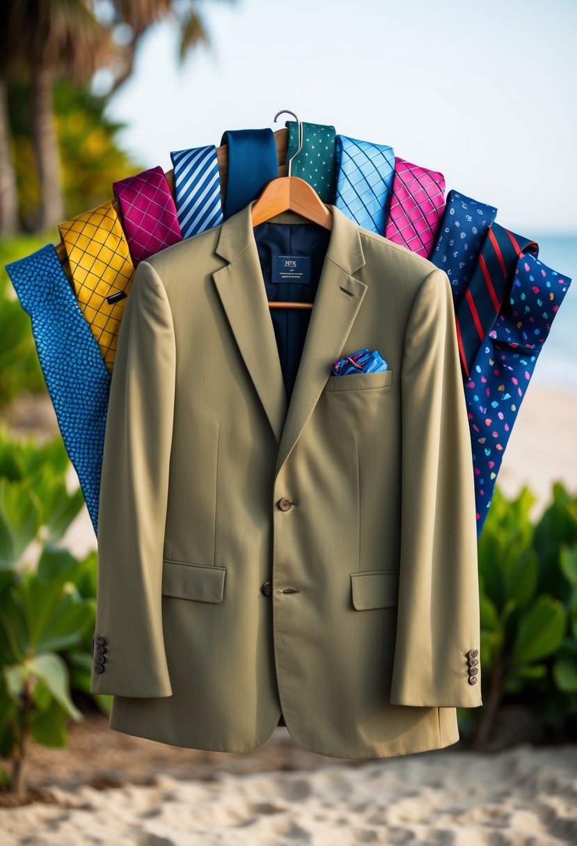 A khaki suit hanging on a wooden hanger, surrounded by a collection of colorful ties and pocket squares, set against a backdrop of a beach or garden