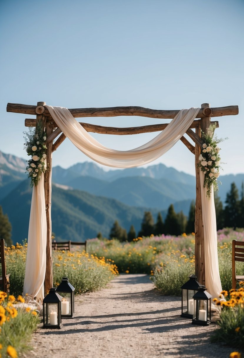 Rustic wooden arch with draped fabric, surrounded by lanterns and wildflowers, set against a mountain backdrop